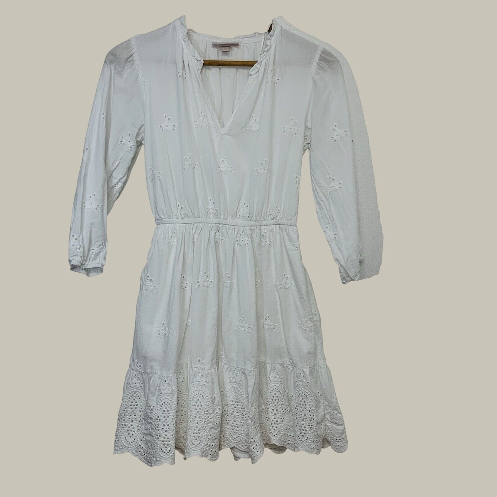Knox Rose White Eyelet Mini Dress XS Ruffle 100% Cotton 3/4 Sleeve Cottagecore